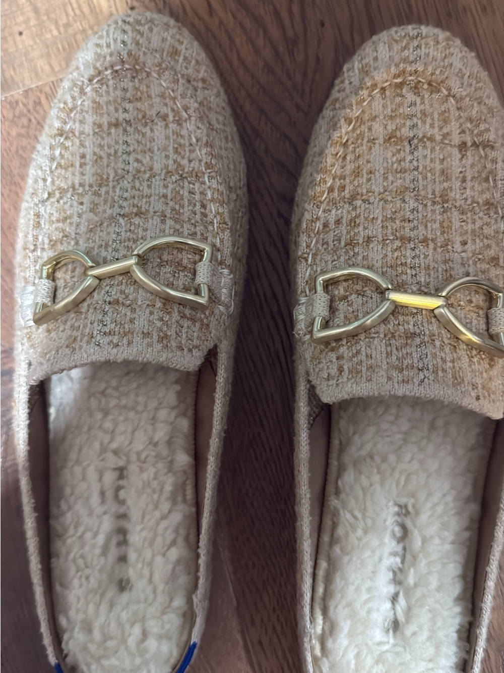 Rothy's Beige Tweed Loafers with Gold Chain Accent